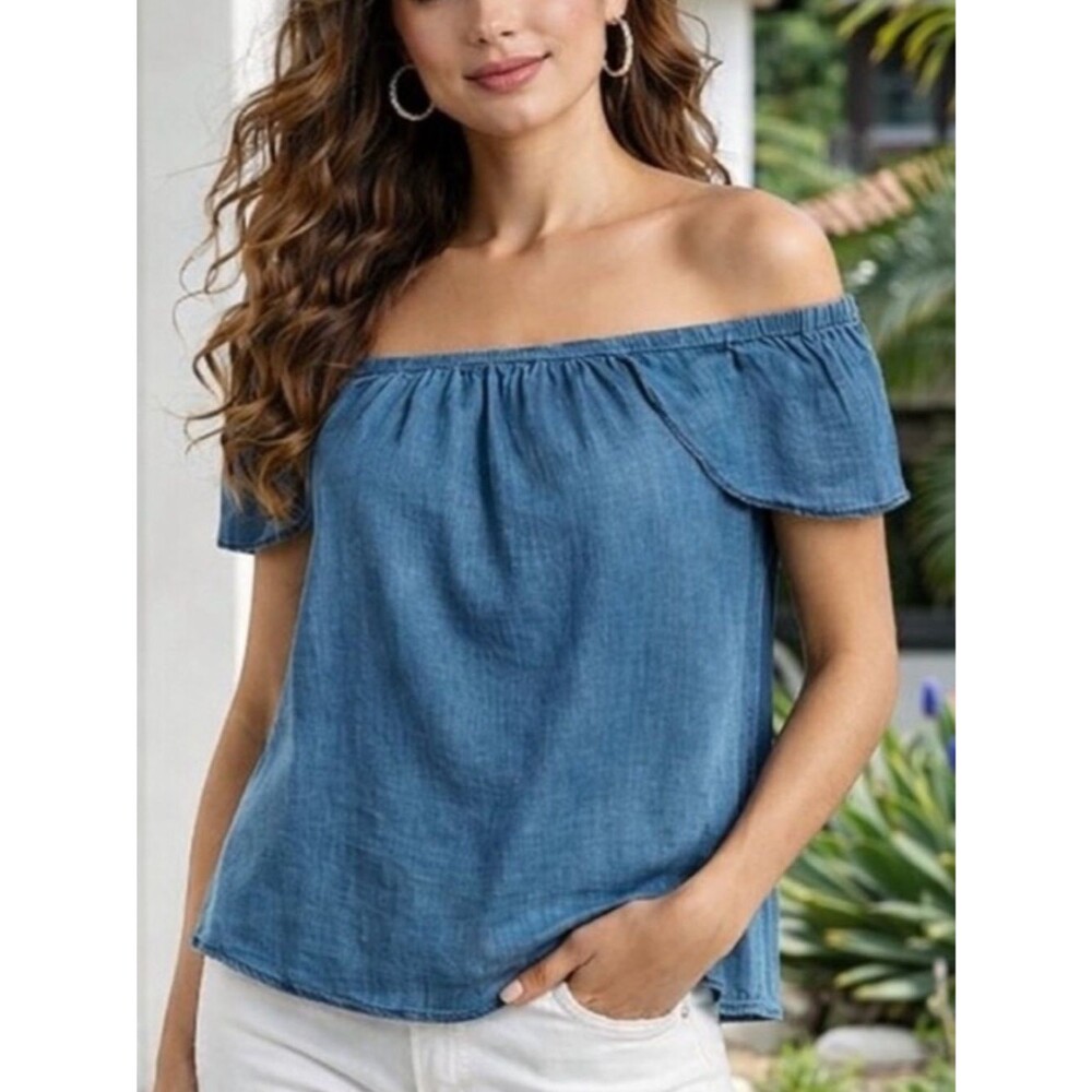 J. Crew NWT Off-Shoulder Chambray Top in Summer Blue Size Small 100% Cotton